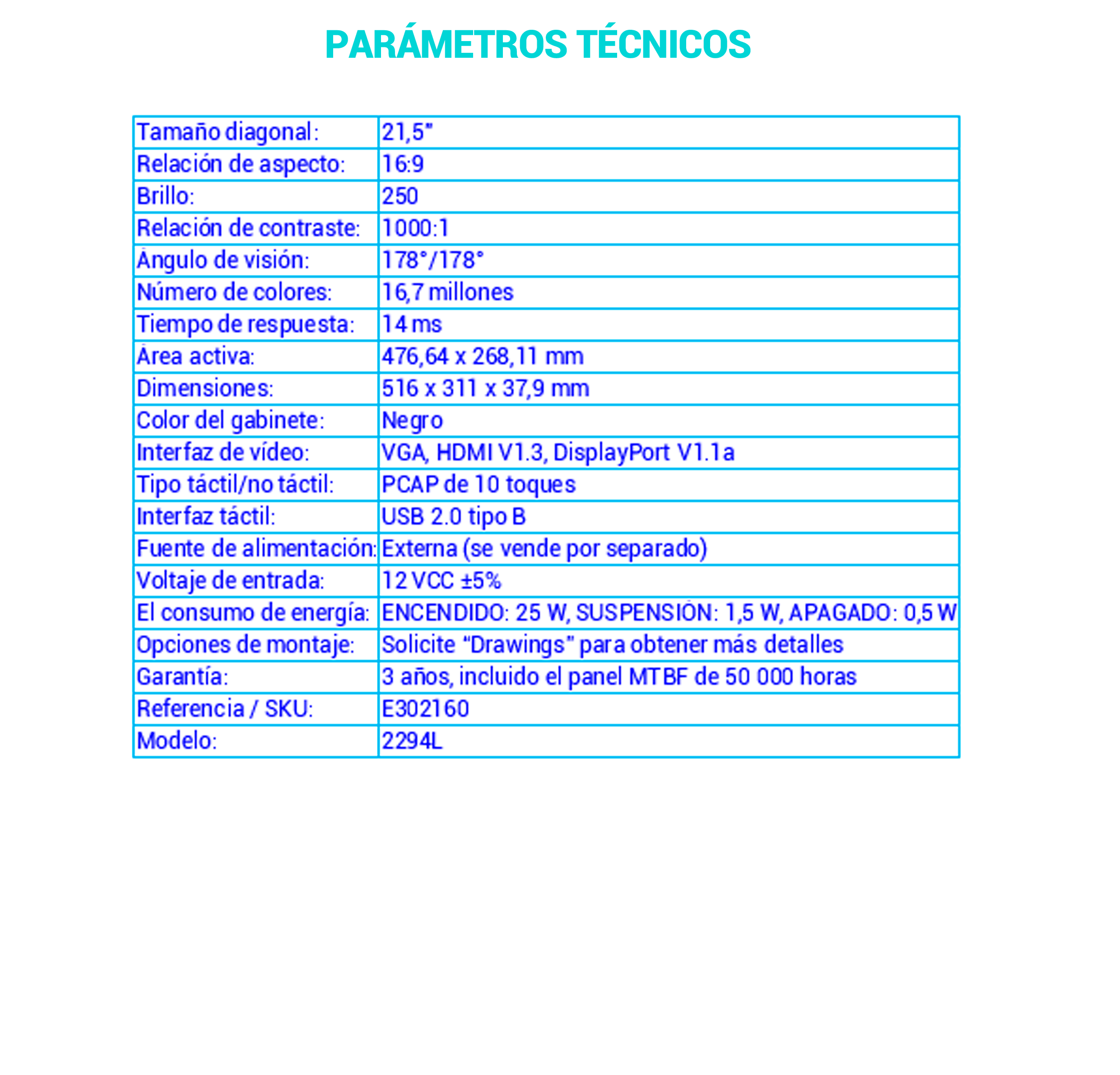 Parámetros Técnicos Monitor Táctil ELO E302160